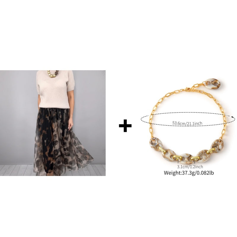 Women's Two-Piece Sweater & Leopard Flowy Skirt Set