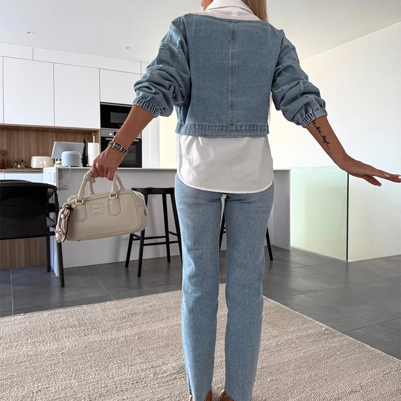 Women's Chic Long Sleeve Denim Top & Trouser Two-Piece Set