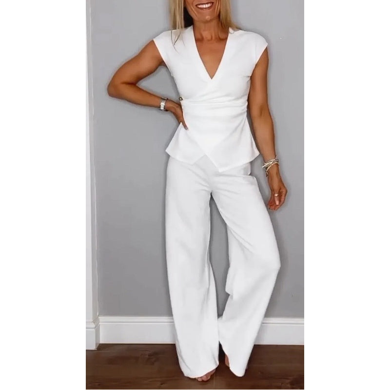 Women’s Ribbed V‑Neck Top & Pants Set