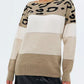 Women's Color Block Leopard Pattern Round Neck Sweater