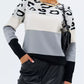 Women's Color Block Leopard Pattern Round Neck Sweater