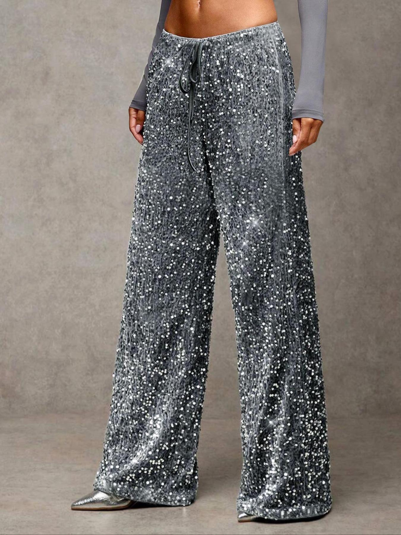 🎅LAST DAY SALE 50% OFF💖Women's Sequin Sparkle Wide Leg Pants with Elastic Waistband
