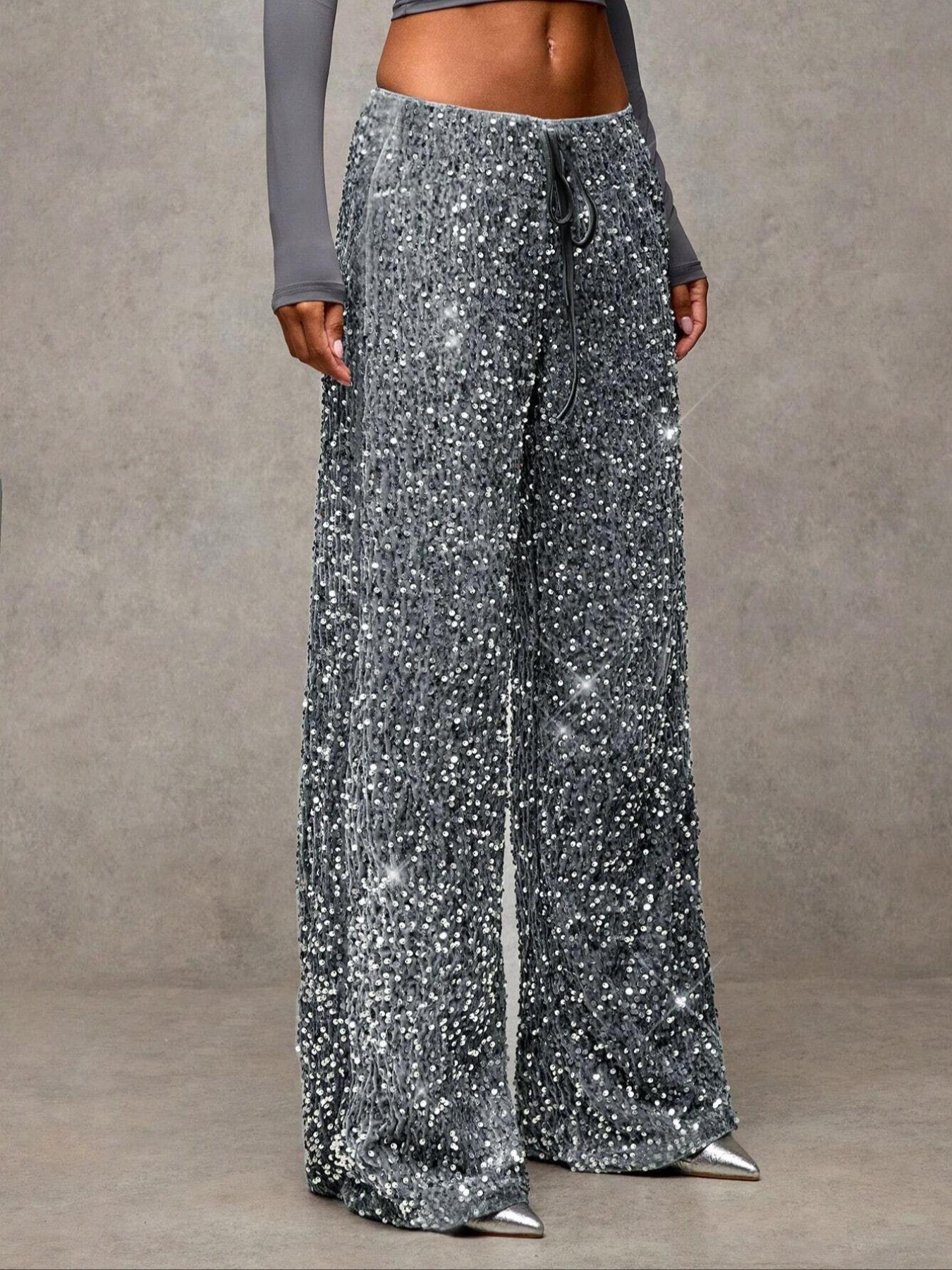 🎅LAST DAY SALE 50% OFF💖Women's Sequin Sparkle Wide Leg Pants with Elastic Waistband