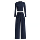 Woman's 2-Piece Ribbed Knit Long Sleeve Crop Top Wide Leg Pants Matching Lounge Set Loungewear