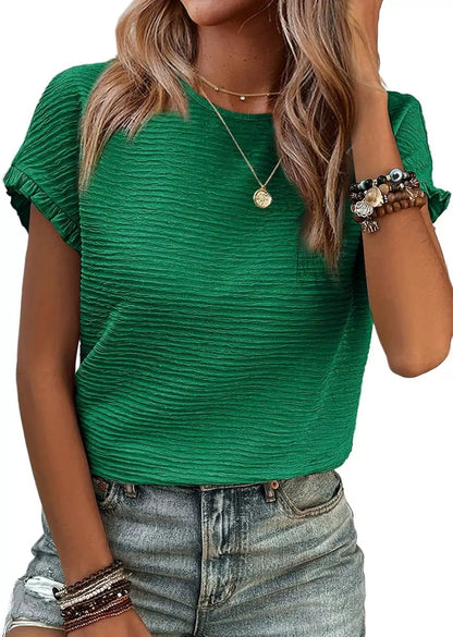 🏆 50K+ SOLD! Almost Gone-⚡2026 Summer Outfit Womens Short Sleeve Tops Round Neck Ruffle Casual Summer Textured Work T Shirts Tee Blouse