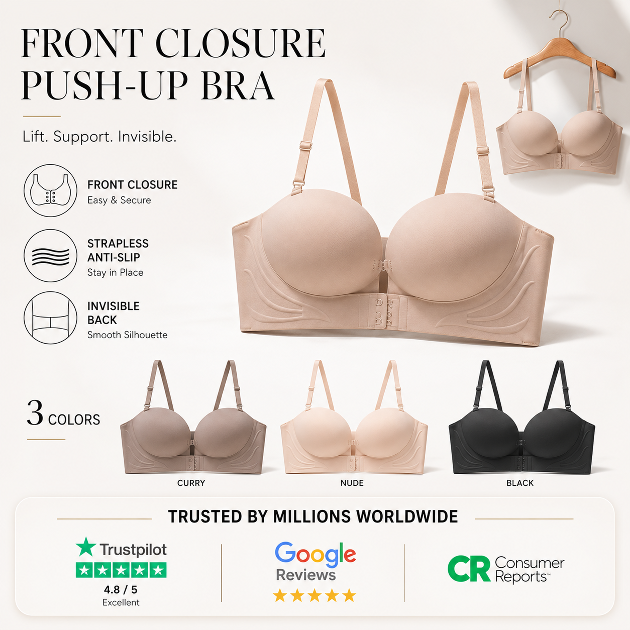 Invisible Strap Front Buckle Push Up Bra