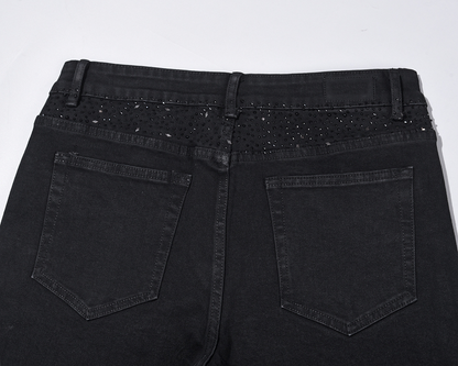 💥Christmas Sale 49% OFF👖 Rhinestone Embellished Slim-Fit Black Denim Jeans - Stretch Comfort with Sparkling Waistband for a Dazzling Look 💎🖤
