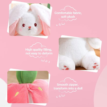 🥳2026 HOT SALE🥳💞50K+ SOLD!🍓🐰 50% OFF! Strawberry Bunny Plush – Transforms into little rabbit! Soft, cute & cuddly. Perfect gift for kids or grandkids. 🎀✨
