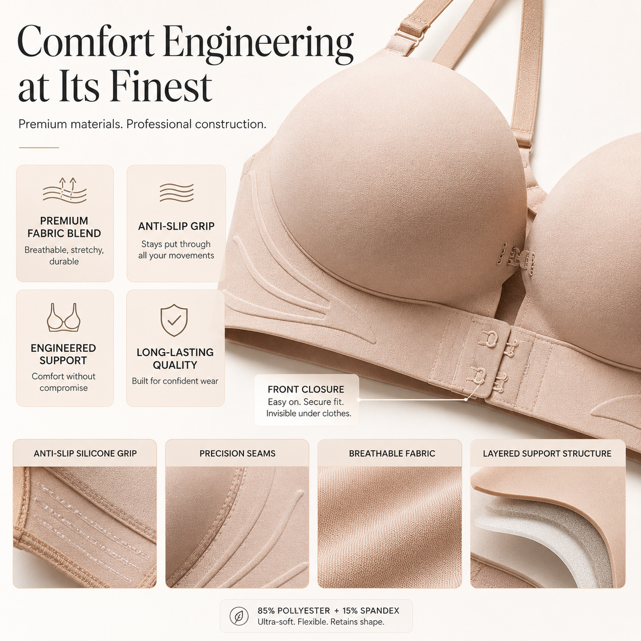 Invisible Strap Front Buckle Push Up Bra