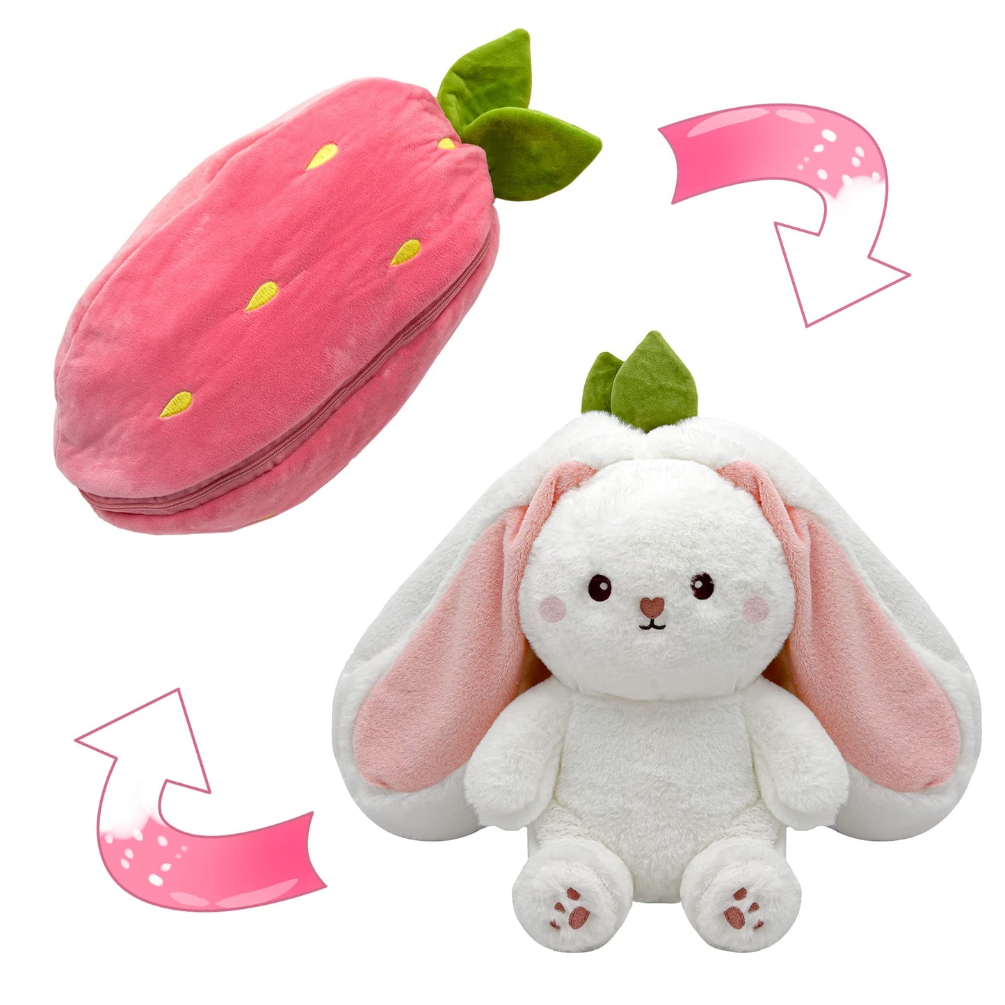 🥳2026 HOT SALE🥳💞50K+ SOLD!🍓🐰 50% OFF! Strawberry Bunny Plush – Transforms into little rabbit! Soft, cute & cuddly. Perfect gift for kids or grandkids. 🎀✨