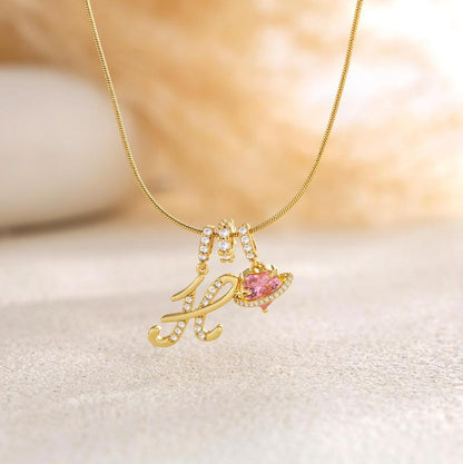 💖Initial Letter Necklace with Pink Heart Charm✨