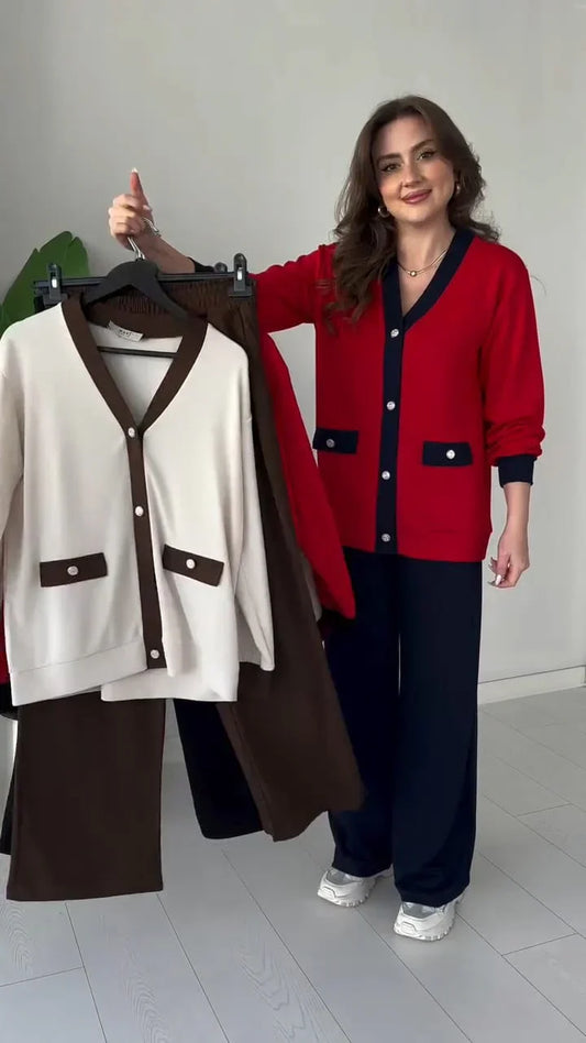 Women’s Casual Color-blocking V-Neck Top & Pants Set
