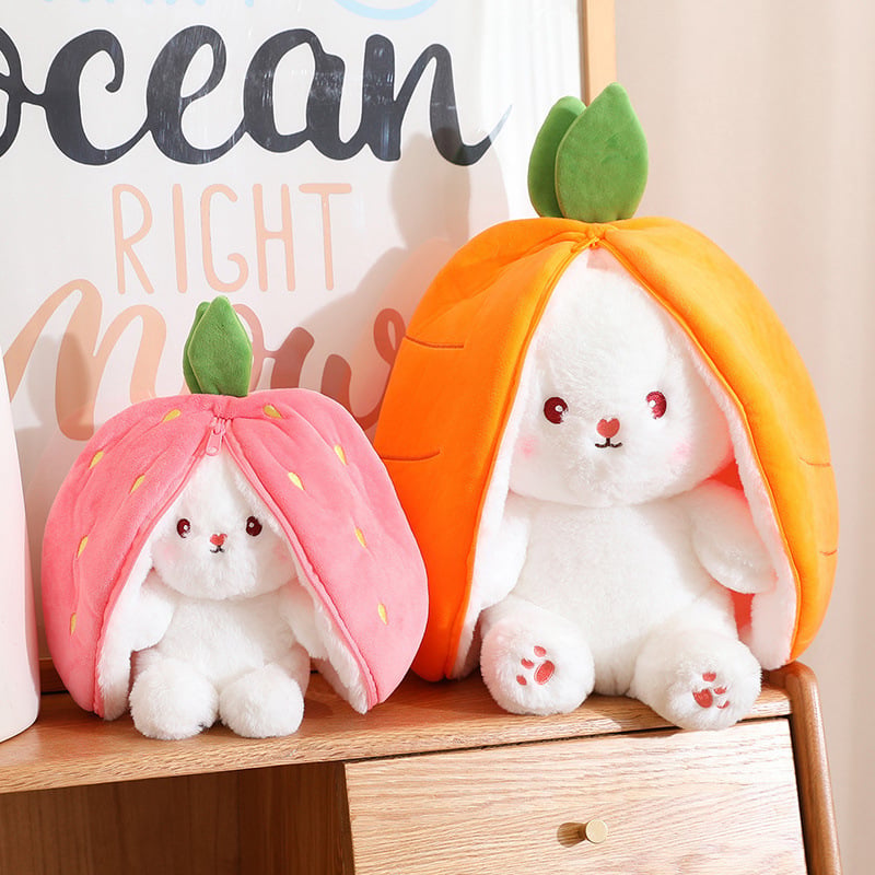 🥳2026 HOT SALE🥳💞50K+ SOLD!🍓🐰 50% OFF! Strawberry Bunny Plush – Transforms into little rabbit! Soft, cute & cuddly. Perfect gift for kids or grandkids. 🎀✨
