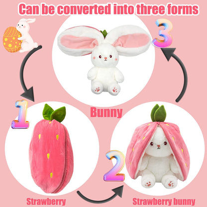 🥳2026 HOT SALE🥳💞50K+ SOLD!🍓🐰 50% OFF! Strawberry Bunny Plush – Transforms into little rabbit! Soft, cute & cuddly. Perfect gift for kids or grandkids. 🎀✨