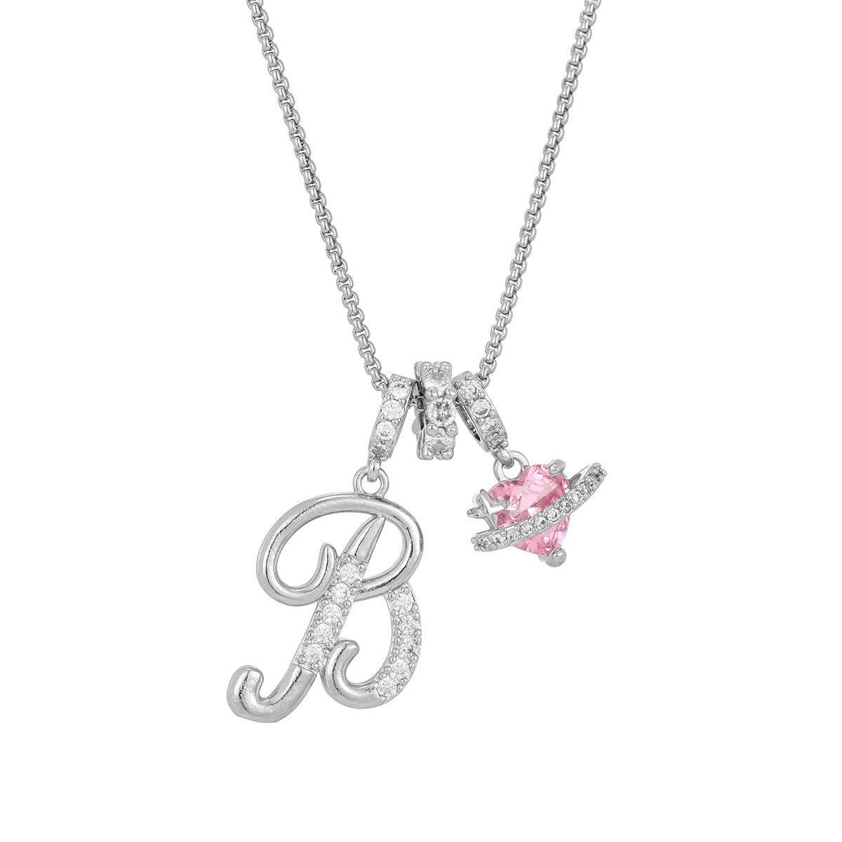 💖Initial Letter Necklace with Pink Heart Charm✨