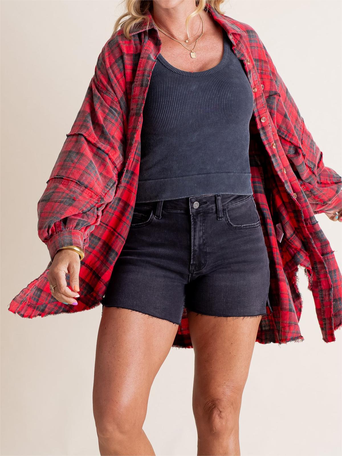 ⏰Early Autumn Sales 49% OFF🍂Women's Mineral Washed Button Down Plaid Shirt With Pockets