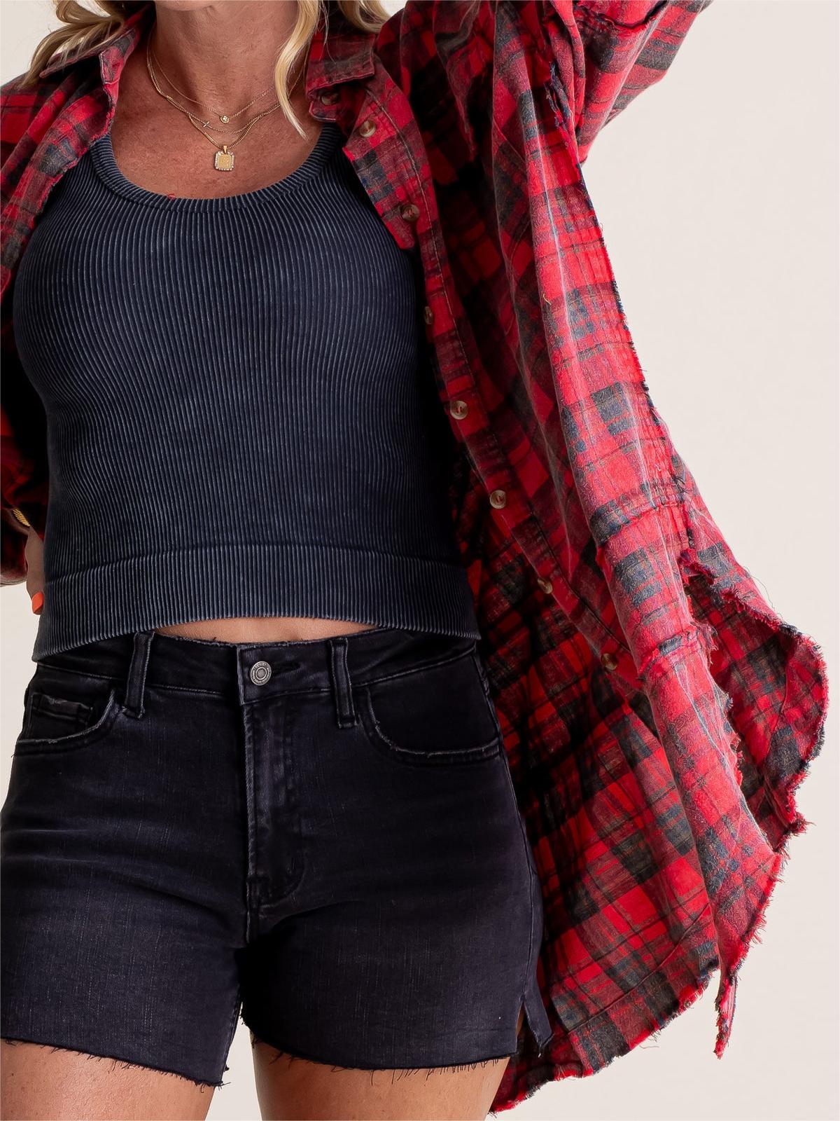 ⏰Early Autumn Sales 49% OFF🍂Women's Mineral Washed Button Down Plaid Shirt With Pockets
