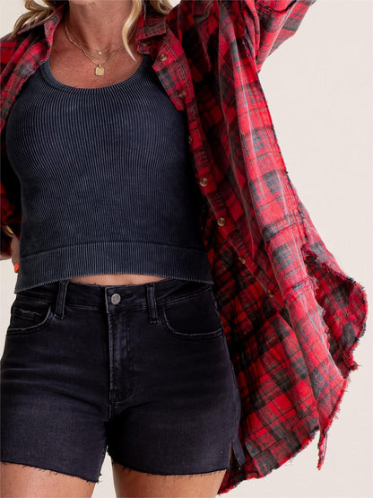 ⏰Early Autumn Sales 49% OFF🍂Women's Mineral Washed Button Down Plaid Shirt With Pockets