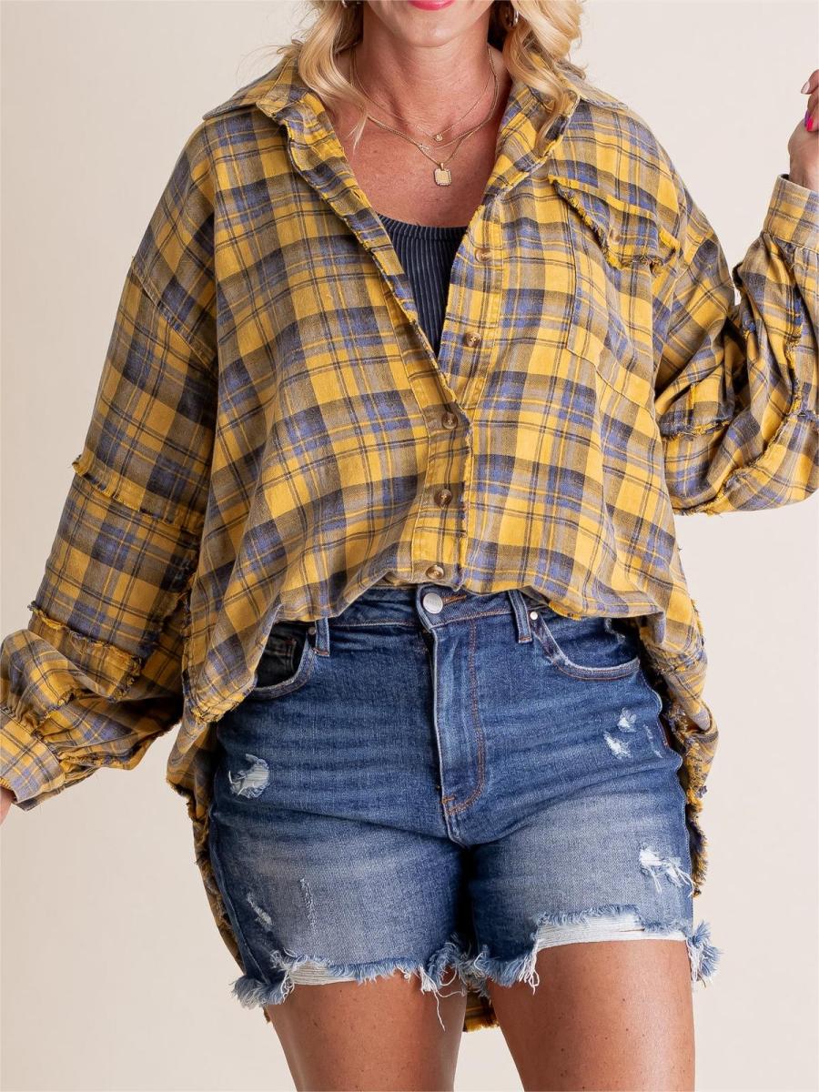 ⏰Early Autumn Sales 49% OFF🍂Women's Mineral Washed Button Down Plaid Shirt With Pockets