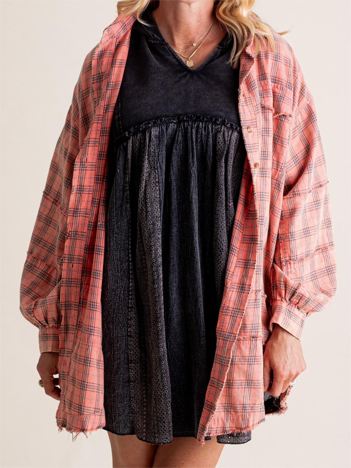 ⏰Early Autumn Sales 49% OFF🍂Women's Mineral Washed Button Down Plaid Shirt With Pockets