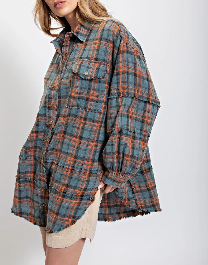 ⏰Early Autumn Sales 49% OFF🍂Women's Mineral Washed Button Down Plaid Shirt With Pockets