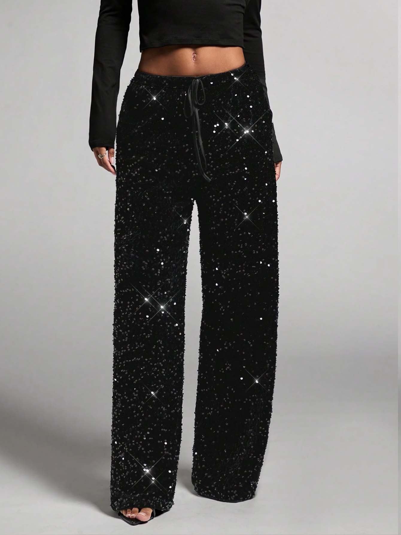 🎅LAST DAY SALE 50% OFF💖Women's Sequin Sparkle Wide Leg Pants with Elastic Waistband