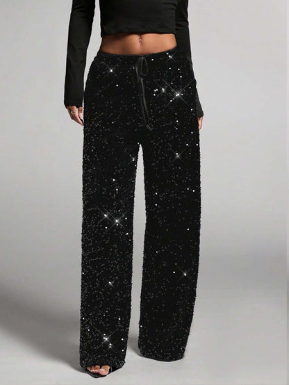 🎅LAST DAY SALE 50% OFF💖Women's Sequin Sparkle Wide Leg Pants with Elastic Waistband