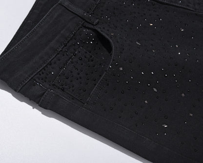 💥Christmas Sale 49% OFF👖 Rhinestone Embellished Slim-Fit Black Denim Jeans - Stretch Comfort with Sparkling Waistband for a Dazzling Look 💎🖤