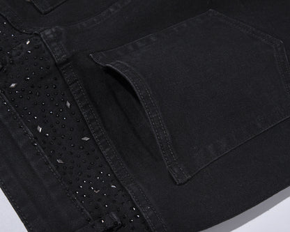 💥Christmas Sale 49% OFF👖 Rhinestone Embellished Slim-Fit Black Denim Jeans - Stretch Comfort with Sparkling Waistband for a Dazzling Look 💎🖤