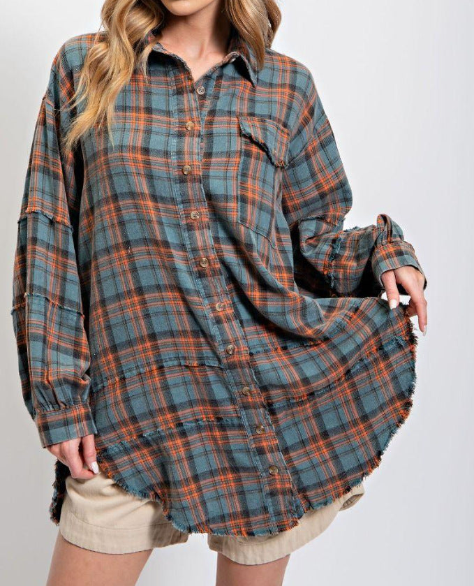 ⏰Early Autumn Sales 49% OFF🍂Women's Mineral Washed Button Down Plaid Shirt With Pockets