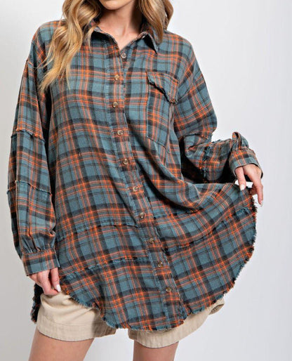 ⏰Early Autumn Sales 49% OFF🍂Women's Mineral Washed Button Down Plaid Shirt With Pockets