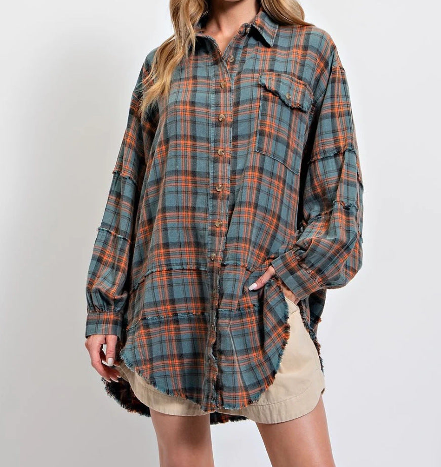 ⏰Early Autumn Sales 49% OFF🍂Women's Mineral Washed Button Down Plaid Shirt With Pockets