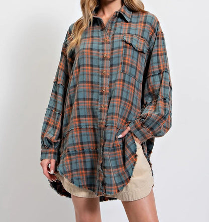 ⏰Early Autumn Sales 49% OFF🍂Women's Mineral Washed Button Down Plaid Shirt With Pockets