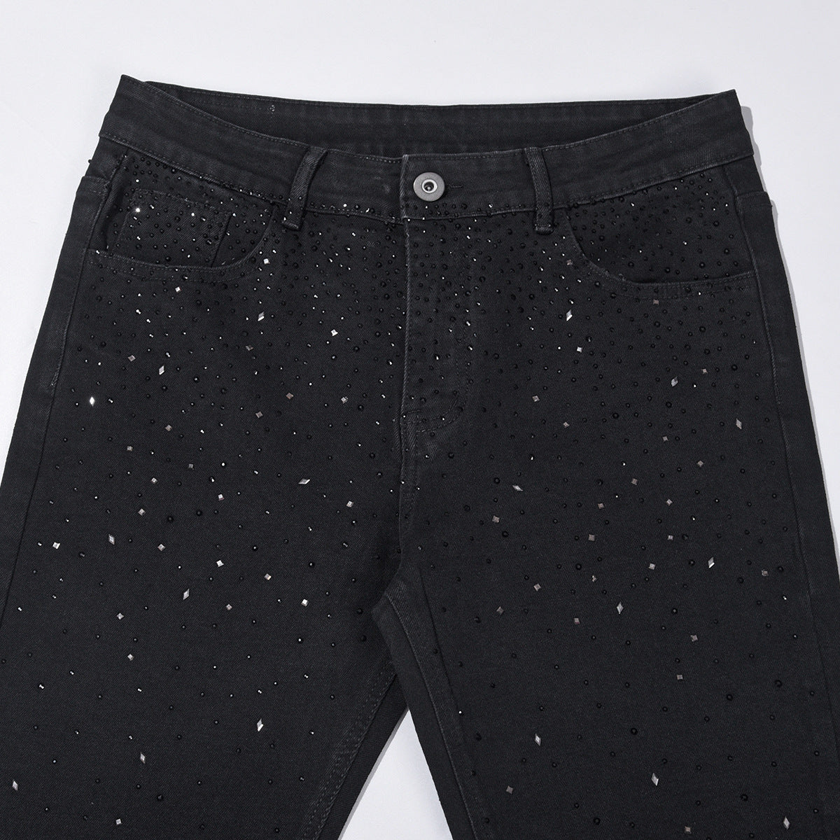 💥Christmas Sale 49% OFF👖 Rhinestone Embellished Slim-Fit Black Denim Jeans - Stretch Comfort with Sparkling Waistband for a Dazzling Look 💎🖤