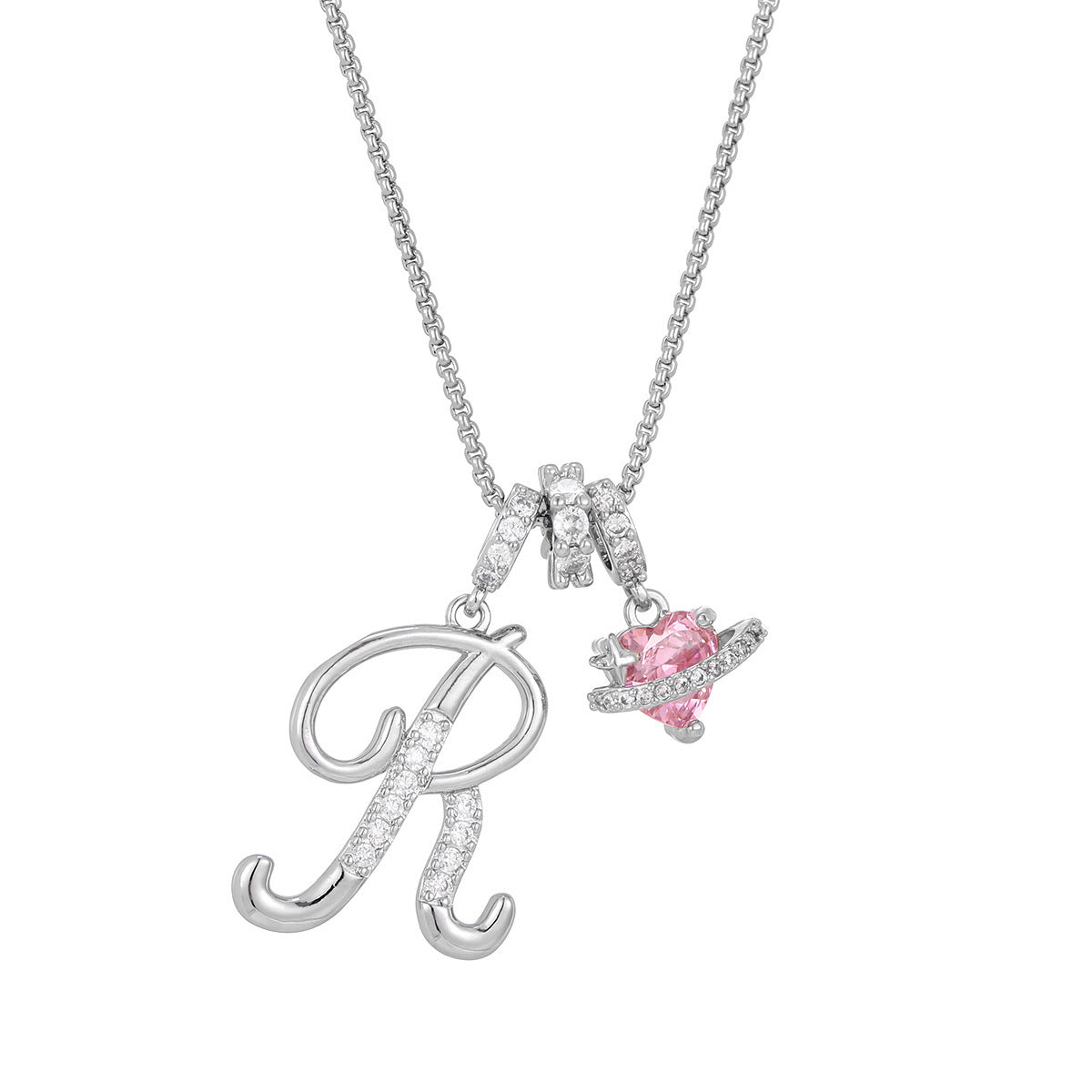 💖Initial Letter Necklace with Pink Heart Charm✨