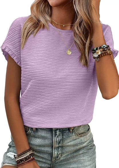 🏆 50K+ SOLD! Almost Gone-⚡2026 Summer Outfit Womens Short Sleeve Tops Round Neck Ruffle Casual Summer Textured Work T Shirts Tee Blouse