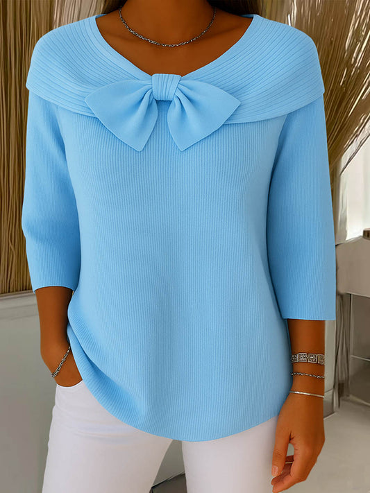Women's plain knitted jumper with a round neckline and 3/4 sleeves, with a bow, for everyday wear