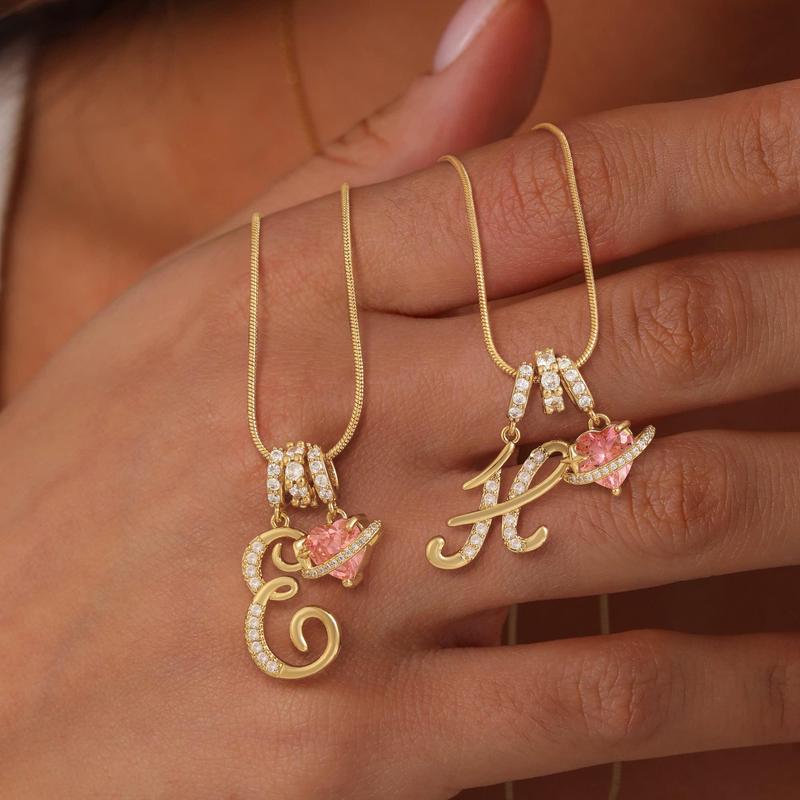 💖Initial Letter Necklace with Pink Heart Charm✨