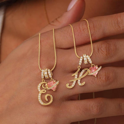 💖Initial Letter Necklace with Pink Heart Charm✨