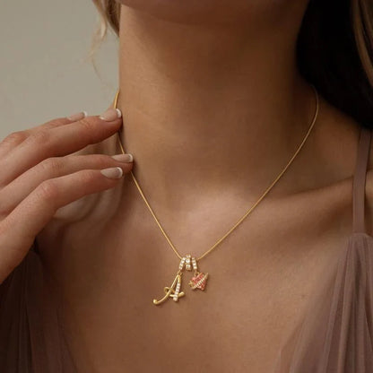 💖Initial Letter Necklace with Pink Heart Charm✨