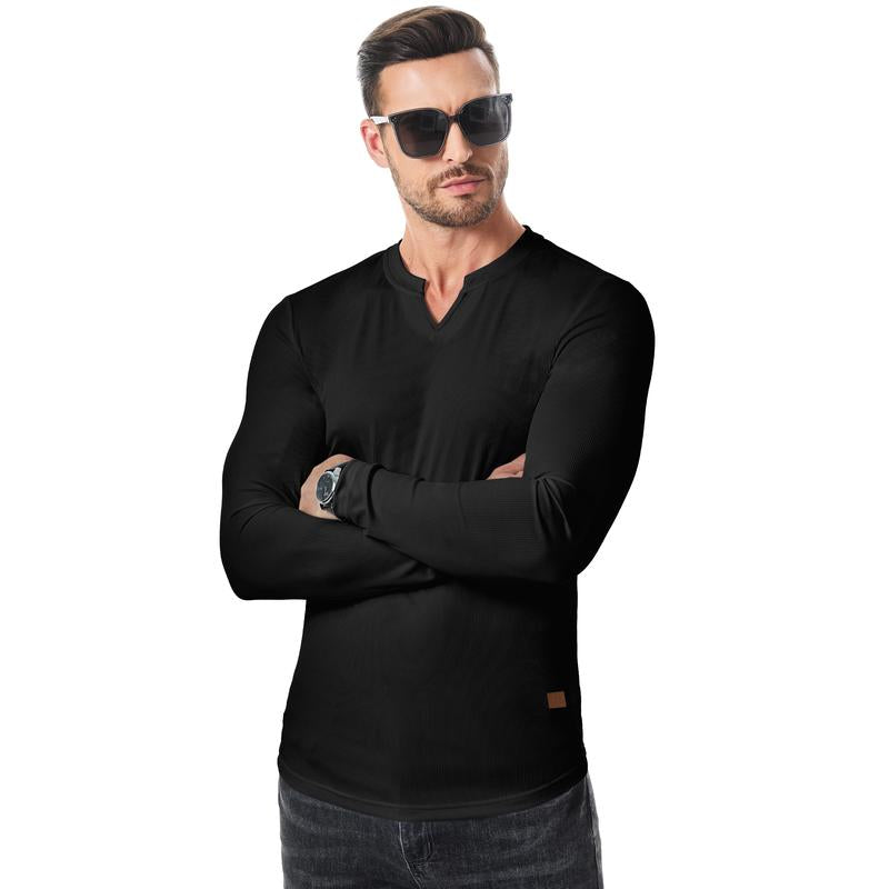 Men's Athletic Longline Ribbed Top 🔥 – V-Neck Long Sleeve, Moisture-Wicking for Gym Sessions/Casual