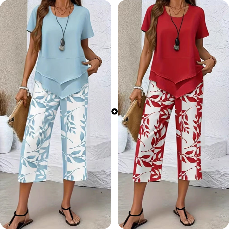👚60% OFF NOW! 🔥 Casual Round Neck Layered Tunic Top & Wide Leg Pants Set – Flowy Design, Soft Fabric & Perfect for Everyday Style 🌸