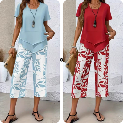 👚60% OFF NOW! 🔥 Casual Round Neck Layered Tunic Top & Wide Leg Pants Set – Flowy Design, Soft Fabric & Perfect for Everyday Style 🌸