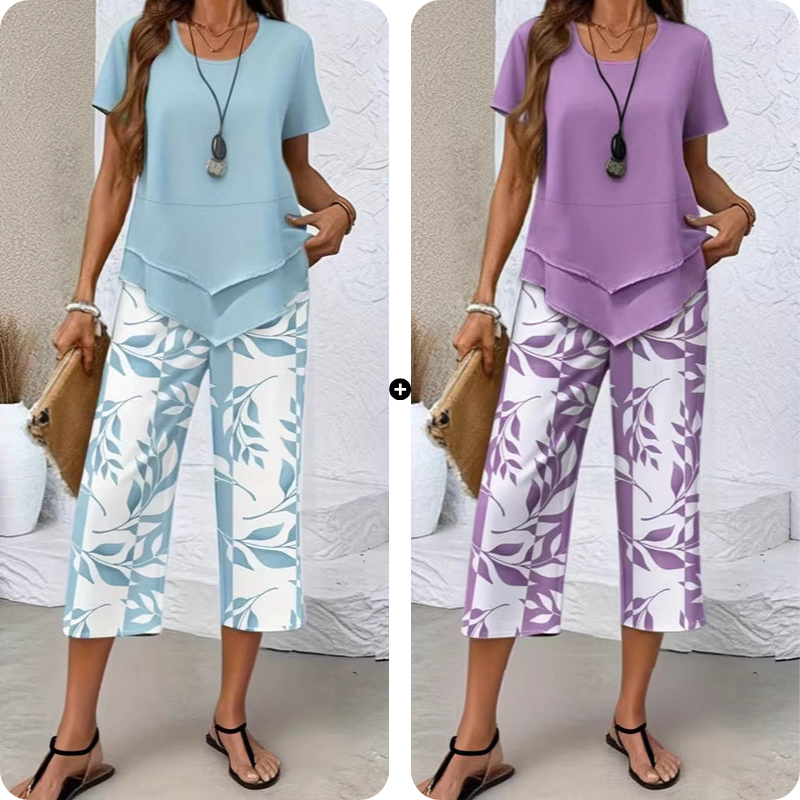 👚60% OFF NOW! 🔥 Casual Round Neck Layered Tunic Top & Wide Leg Pants Set – Flowy Design, Soft Fabric & Perfect for Everyday Style 🌸