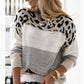 Women's Color Block Leopard Pattern Round Neck Sweater