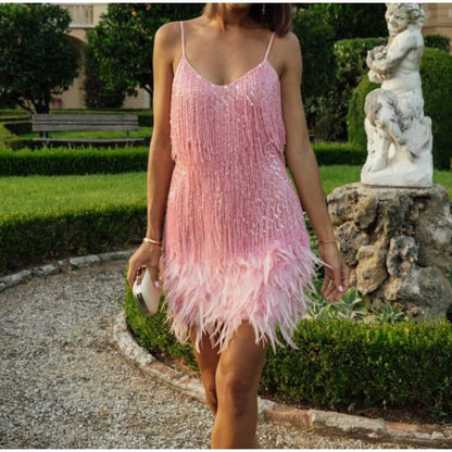 🔥Last Day Promotion 47% OFF💝Women's Feather Fringe Sequin Spaghetti Strap Dress