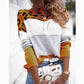 Women's Color Block Leopard Pattern Round Neck Sweater