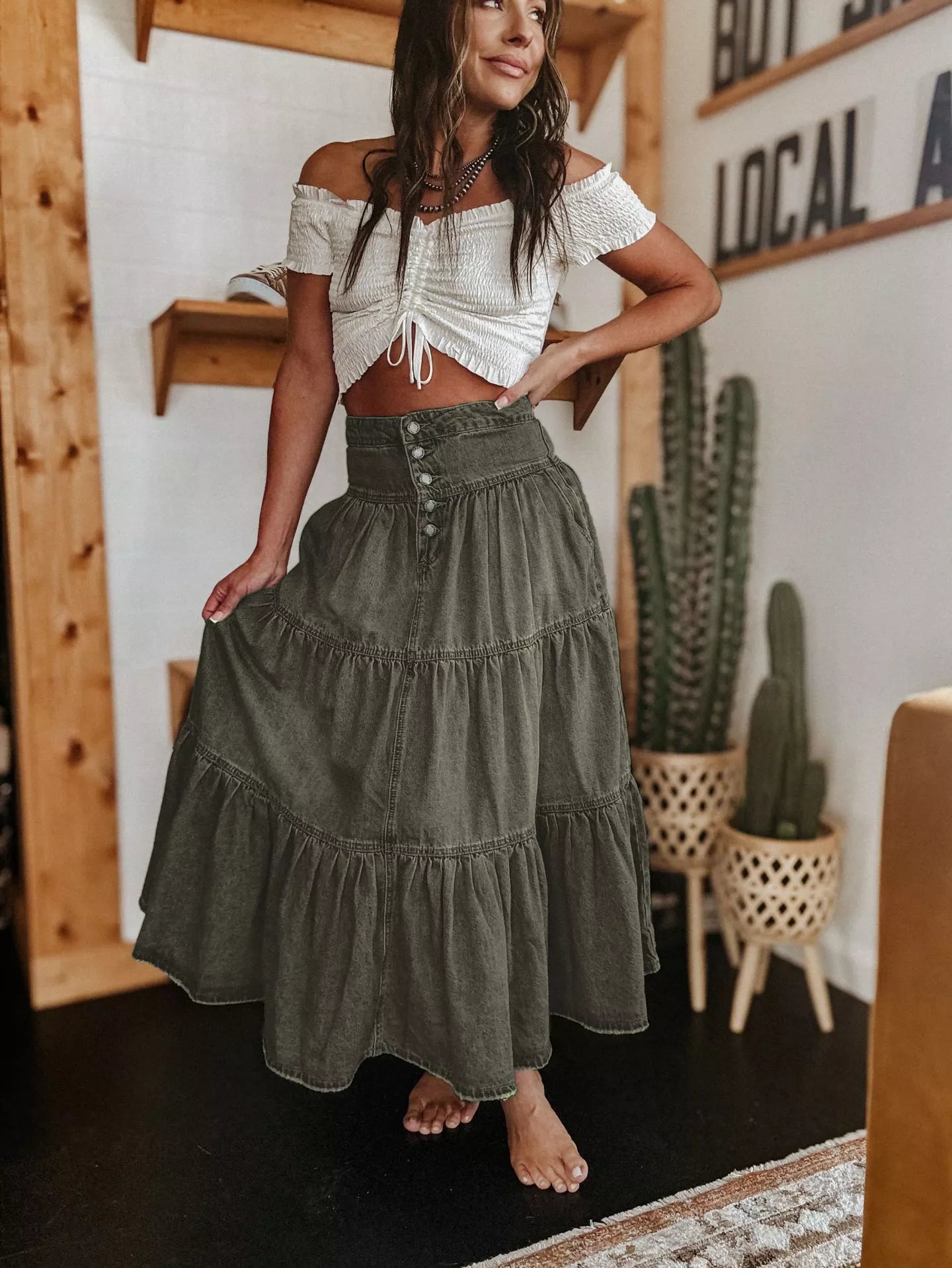 👗 LIMITED-TIME 50% OFF! ✨ Denim Maxi Skirt – High Waist, Tiered, A-Line, Button Front ✨