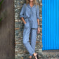 Casual Solid Color V-Neck Shirt & Pants Cotton Linen Two-Piece Set