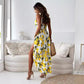 Women’s Elegant Lemon Print Spaghetti Strap Flowy Long Dress